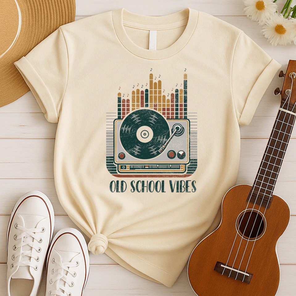 A vibrant, distressed graphic featuring a large turntable with a vinyl record spinning, its tone arm positioned over the record. Behind the turntable, vertical equalizer bars in shades of brown, orange, yellow, and red rise upwards, with small music notes floating above them. Bold, distressed text reads "OLD SCHOOL VIBES". The design evokes retro music and DJ culture.