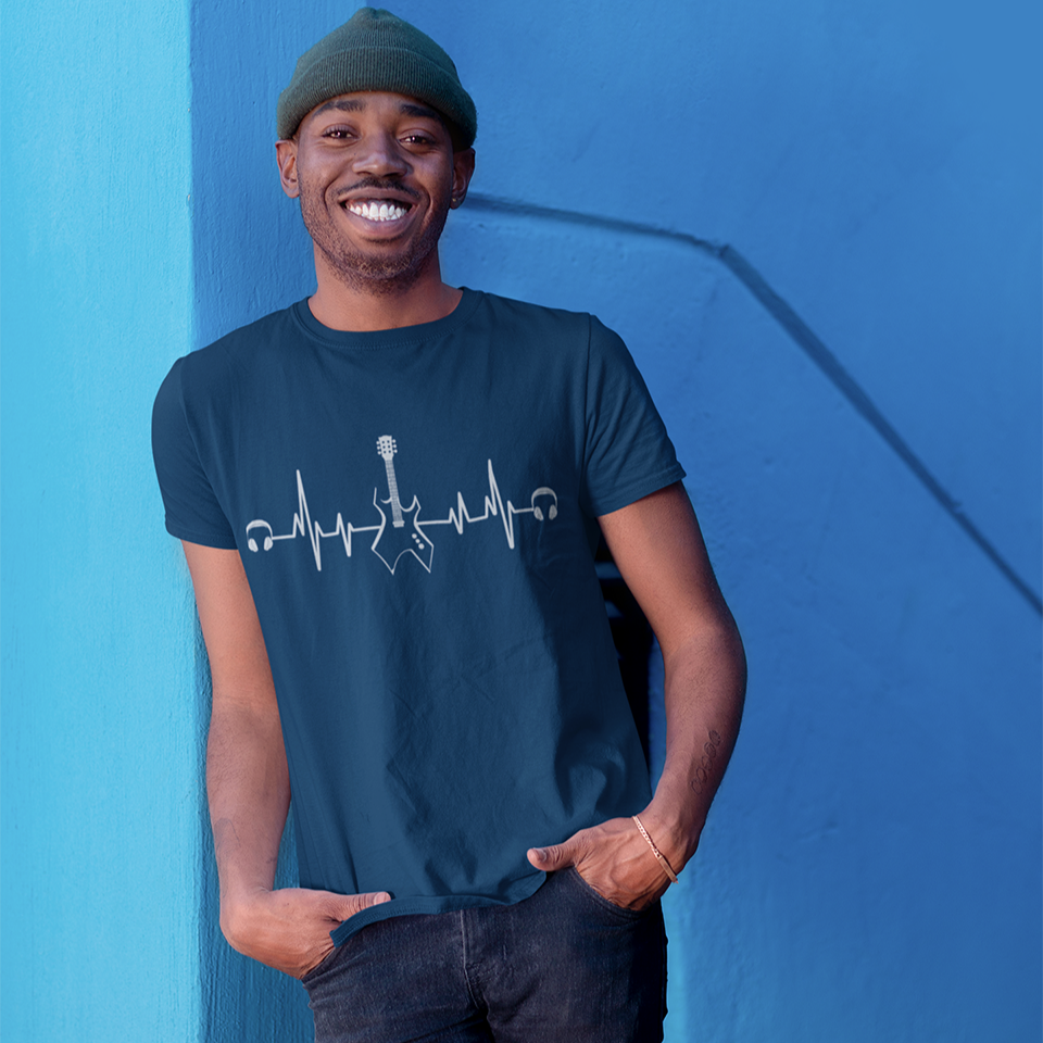 A sleek graphic design depicts a white electrocardiogram (ECG) heartbeat line flowing horizontally, with a black electric guitar, featuring white fretboard details, integrated seamlessly into its central peak. White over-ear headphones are positioned at each end of the heartbeat line, all set against a solid black background. This illustration stylishly connects the passion for music with the rhythm of life.