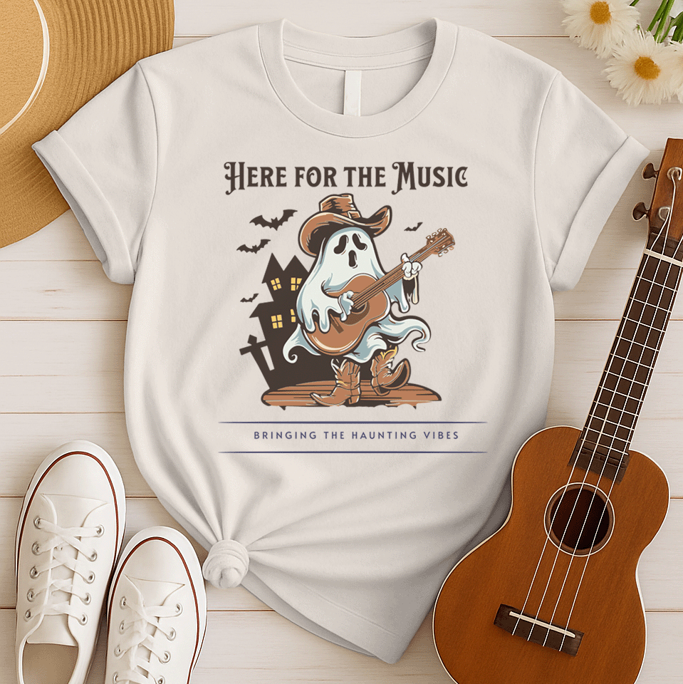 A light grey background features a stylized illustration of a white ghost wearing a brown cowboy hat and cowboy boots. The ghost is playing a brown acoustic guitar. Behind the figure, dark silhouettes of a haunted house and several bats are visible. At the top, the text reads "HERE FOR THE MUSIC" and at the bottom, "BRINGING THE HAUNTING VIBES". The design blends Halloween, music, and western themes.