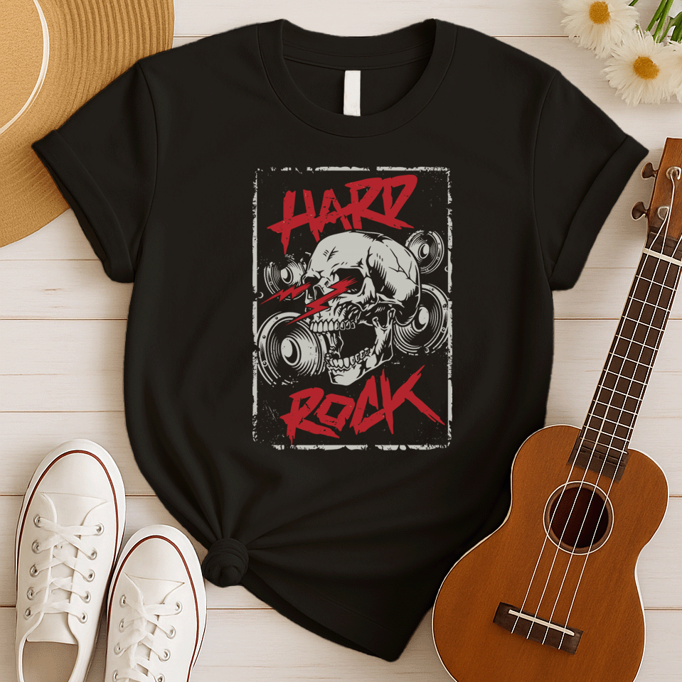 A light grey background features a prominent, light grey, translucent human skull centered. In front of the skull, three distressed red jagged lightning bolts or sound waves are displayed. Distressed red text at the top reads "HARD" and at the bottom, "ROCK". Faint outlines of speakers or audio equipment are visible in the background. The design embodies a powerful hard rock music theme.