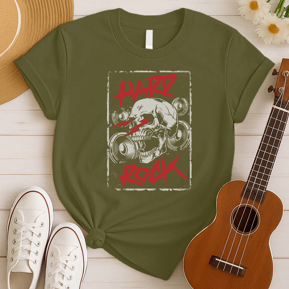A light grey background features a prominent, light grey, translucent human skull centered. In front of the skull, three distressed red jagged lightning bolts or sound waves are displayed. Distressed red text at the top reads "HARD" and at the bottom, "ROCK". Faint outlines of speakers or audio equipment are visible in the background. The design embodies a powerful hard rock music theme.