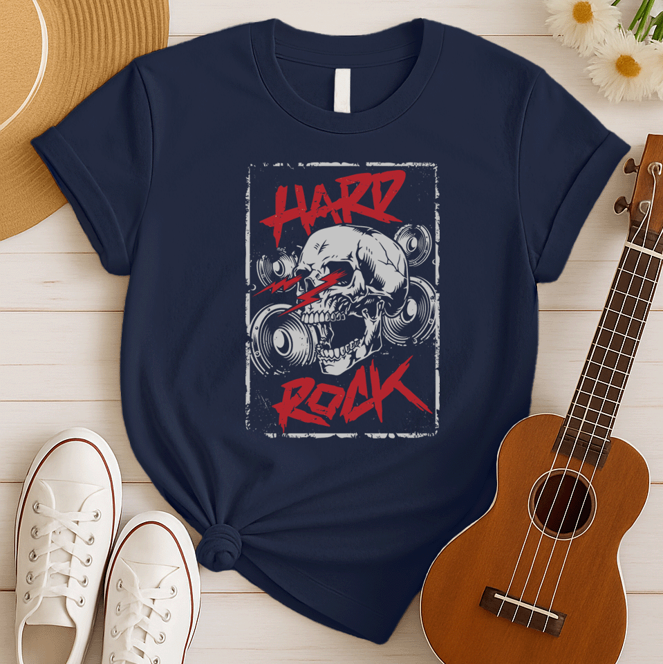 A light grey background features a prominent, light grey, translucent human skull centered. In front of the skull, three distressed red jagged lightning bolts or sound waves are displayed. Distressed red text at the top reads "HARD" and at the bottom, "ROCK". Faint outlines of speakers or audio equipment are visible in the background. The design embodies a powerful hard rock music theme.