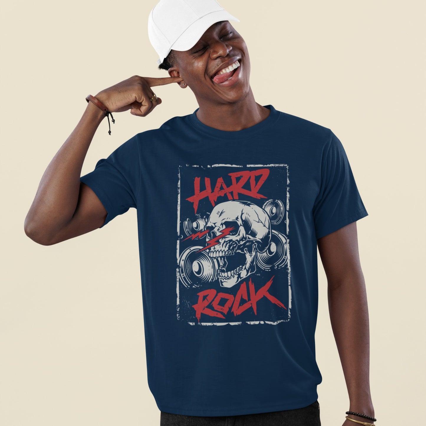 A light grey background features a prominent, light grey, translucent human skull centered. In front of the skull, three distressed red jagged lightning bolts or sound waves are displayed. Distressed red text at the top reads "HARD" and at the bottom, "ROCK". Faint outlines of speakers or audio equipment are visible in the background. The design embodies a powerful hard rock music theme.