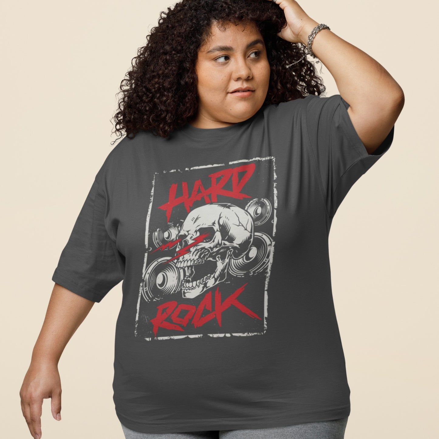 A light grey background features a prominent, light grey, translucent human skull centered. In front of the skull, three distressed red jagged lightning bolts or sound waves are displayed. Distressed red text at the top reads "HARD" and at the bottom, "ROCK". Faint outlines of speakers or audio equipment are visible in the background. The design embodies a powerful hard rock music theme.