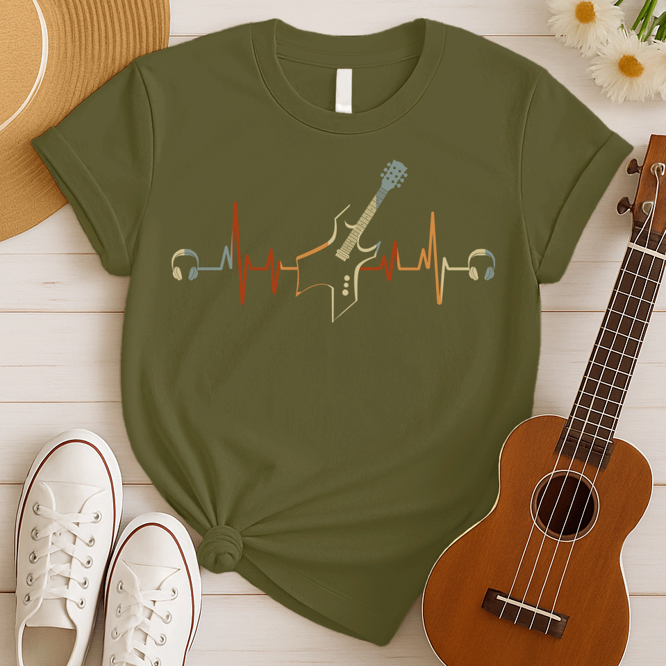 A striking graphic design presents a black electric guitar, notable for its sharp, angular body and a light blue fretboard, positioned centrally within a vibrant, horizontally stretching electrocardiogram (ECG) heartbeat line that shifts from warm reds and oranges to cooler yellows and light blues. A pair of white over-ear headphones are situated at either extremity of the heartbeat line, symbolizing the energetic connection between musical passion and the rhythm of life