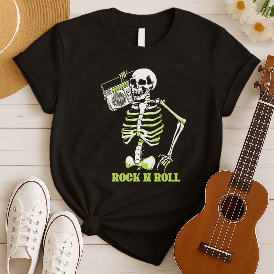 A striking graphic design features a full skeleton, rendered in white with a vibrant lime green glow on its bones, posed in a dynamic, walking stance. The skeleton holds a detailed, white outline of a retro boombox over its right shoulder. Below the skeleton, the bold, lime green text "ROCK N ROLL" is prominently displayed, creating a cool, energetic, and slightly spooky tribute to classic music.