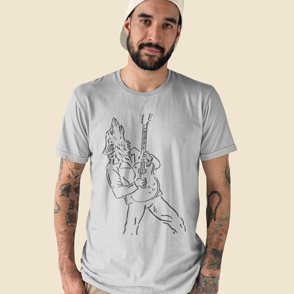 A minimalist line art graphic depicts a howling werewolf, outlined in light grey, powerfully playing an electric guitar. The werewolf is shown from the waist up, wearing a jacket, with its head thrown back in a howl and its hands gripping the guitar. The entire design captures the raw energy of rock music and a primal connection to the wild.