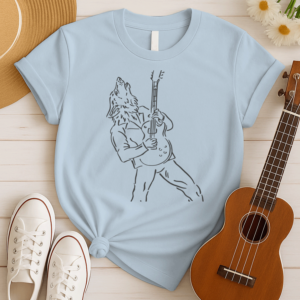 A minimalist line art graphic depicts a howling werewolf, outlined in light grey, powerfully playing an electric guitar. The werewolf is shown from the waist up, wearing a jacket, with its head thrown back in a howl and its hands gripping the guitar. The entire design captures the raw energy of rock music and a primal connection to the wild.