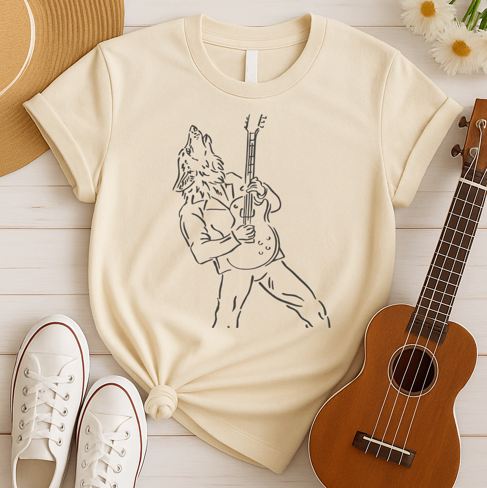 A minimalist line art graphic depicts a howling werewolf, outlined in light grey, powerfully playing an electric guitar. The werewolf is shown from the waist up, wearing a jacket, with its head thrown back in a howl and its hands gripping the guitar. The entire design captures the raw energy of rock music and a primal connection to the wild.