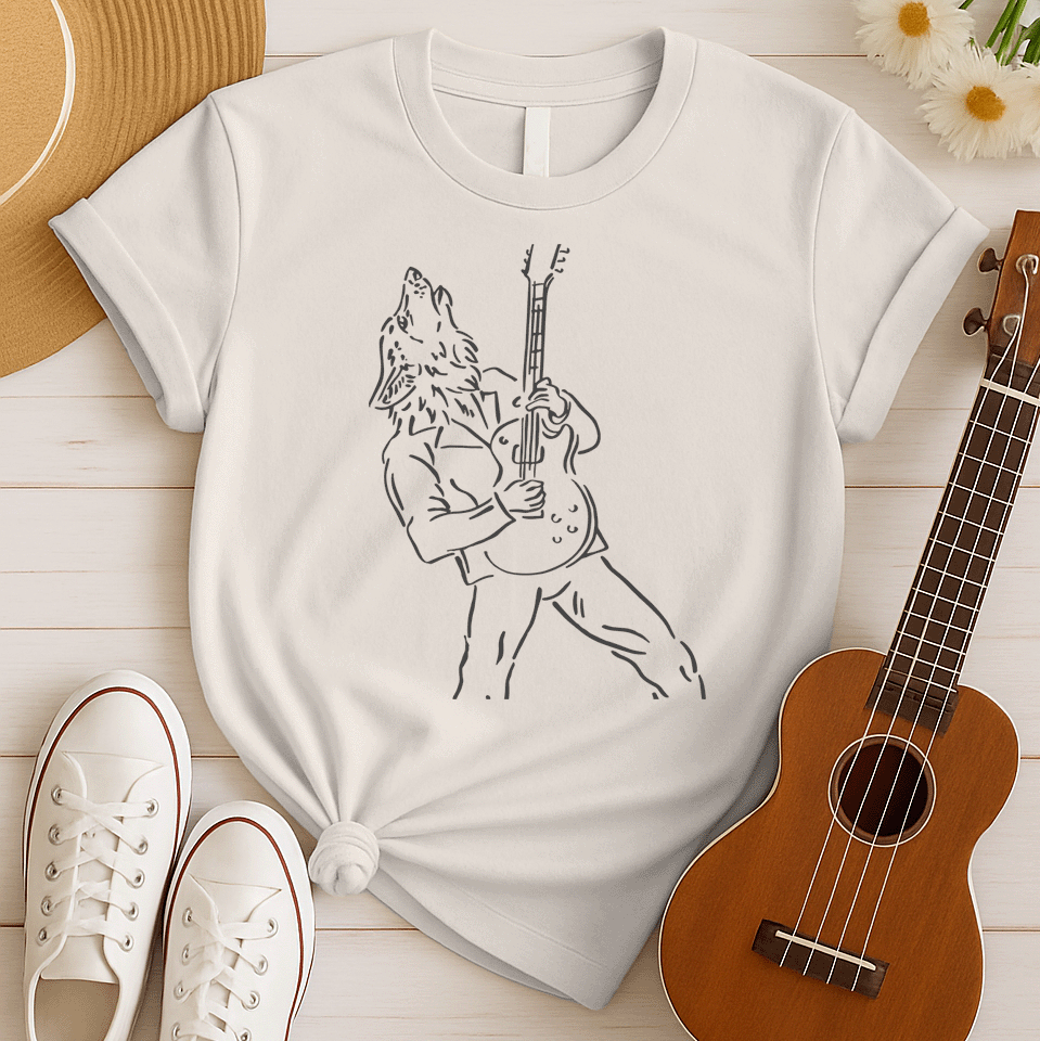 A minimalist line art graphic depicts a howling werewolf, outlined in light grey, powerfully playing an electric guitar. The werewolf is shown from the waist up, wearing a jacket, with its head thrown back in a howl and its hands gripping the guitar. The entire design captures the raw energy of rock music and a primal connection to the wild.