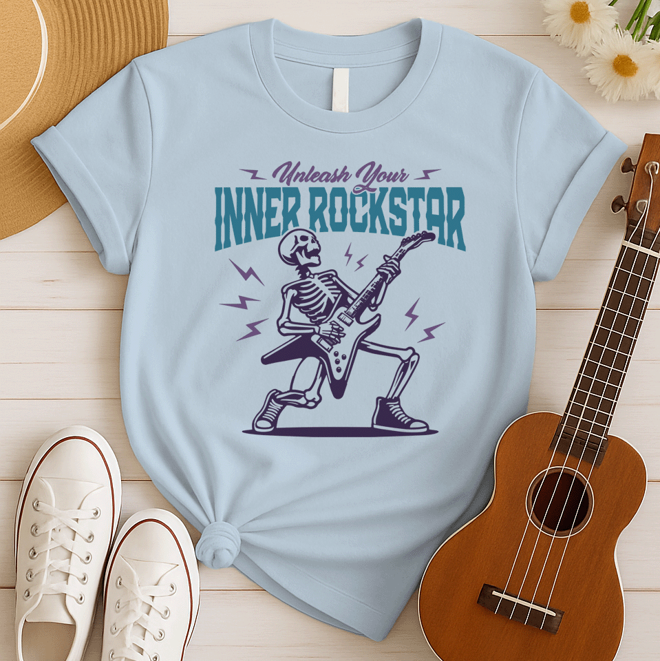 Skeleton playing an electric guitar with the text "Unleash Your INNER ROCKSTAR" in a bold, dynamic graphic style.