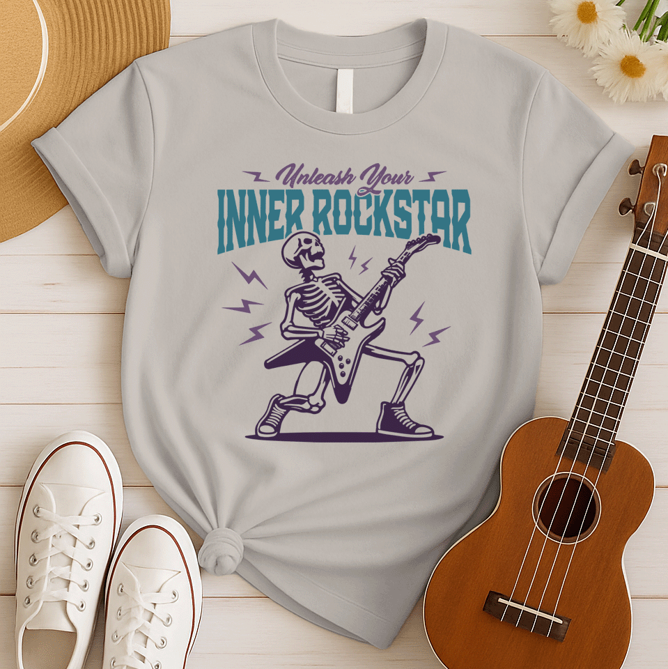Skeleton playing an electric guitar with the text "Unleash Your INNER ROCKSTAR" in a bold, dynamic graphic style.