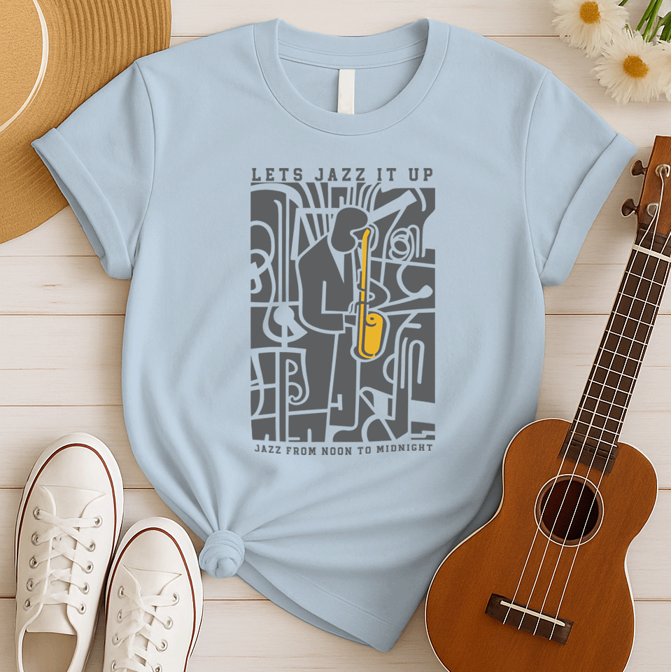 Stylized jazz music design featuring a vibrant yellow saxophone played by a silhouetted jazz musician against a dark, abstract background of musical instruments. Text reads "LETS JAZZ IT UP" and "JAZZ FROM NOON TO MIDNIGHT." Ideal for jazz enthusiasts and music lovers.