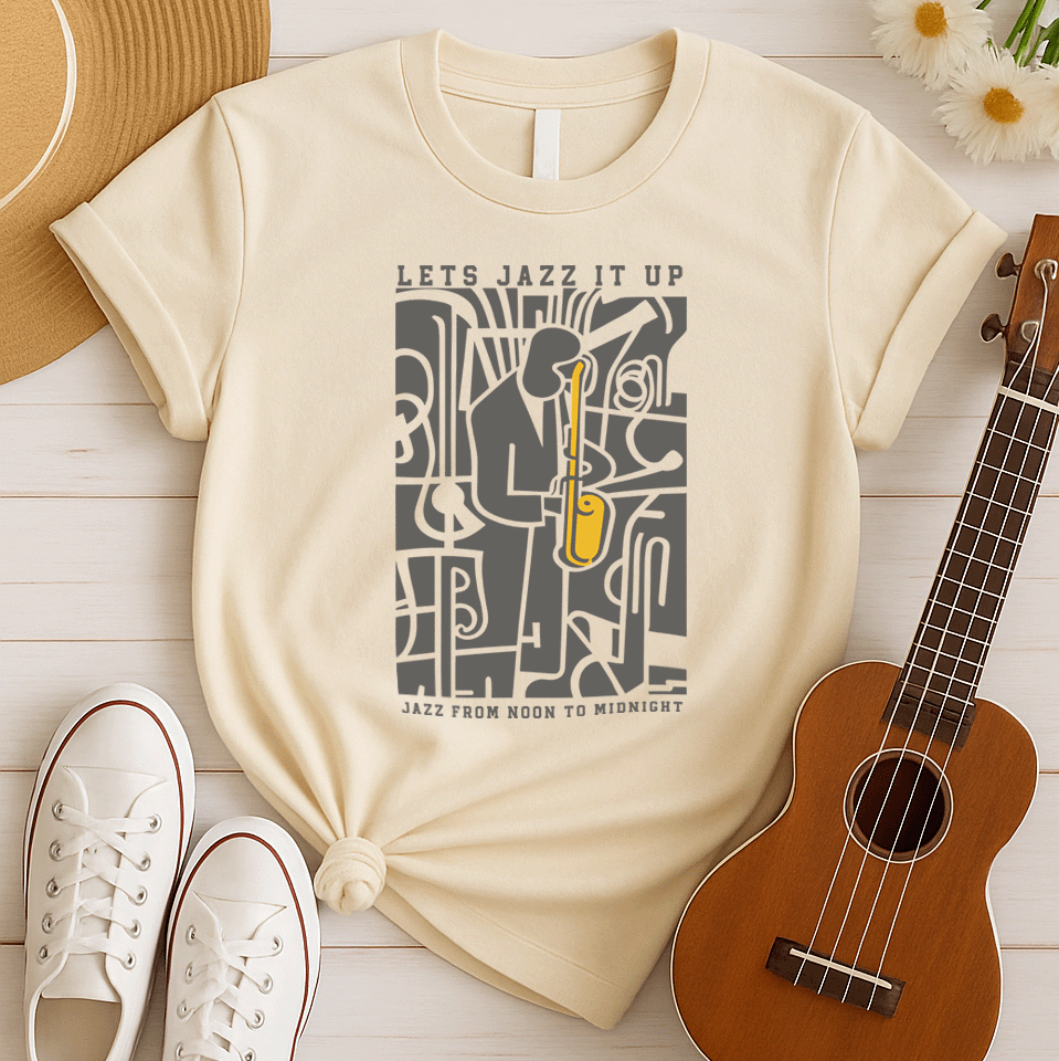 Stylized jazz music design featuring a vibrant yellow saxophone played by a silhouetted jazz musician against a dark, abstract background of musical instruments. Text reads "LETS JAZZ IT UP" and "JAZZ FROM NOON TO MIDNIGHT." Ideal for jazz enthusiasts and music lovers.