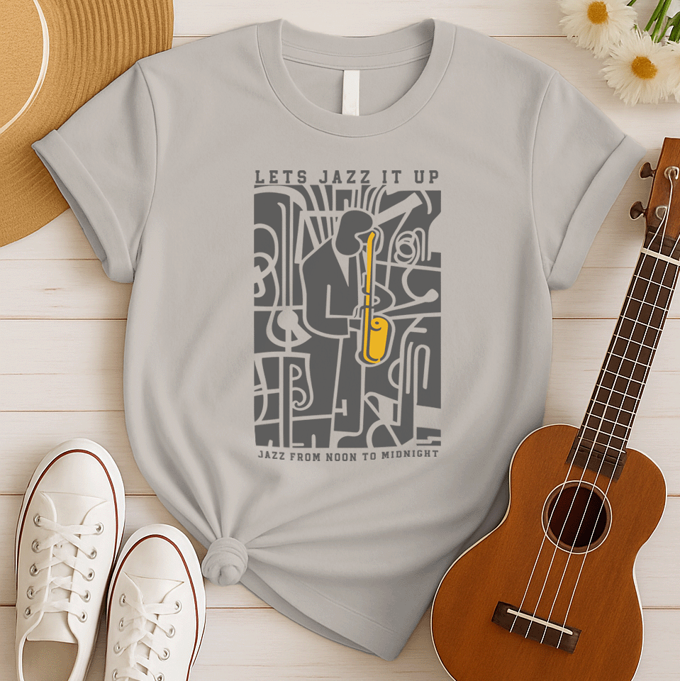 Stylized jazz music design featuring a vibrant yellow saxophone played by a silhouetted jazz musician against a dark, abstract background of musical instruments. Text reads "LETS JAZZ IT UP" and "JAZZ FROM NOON TO MIDNIGHT." Ideal for jazz enthusiasts and music lovers.