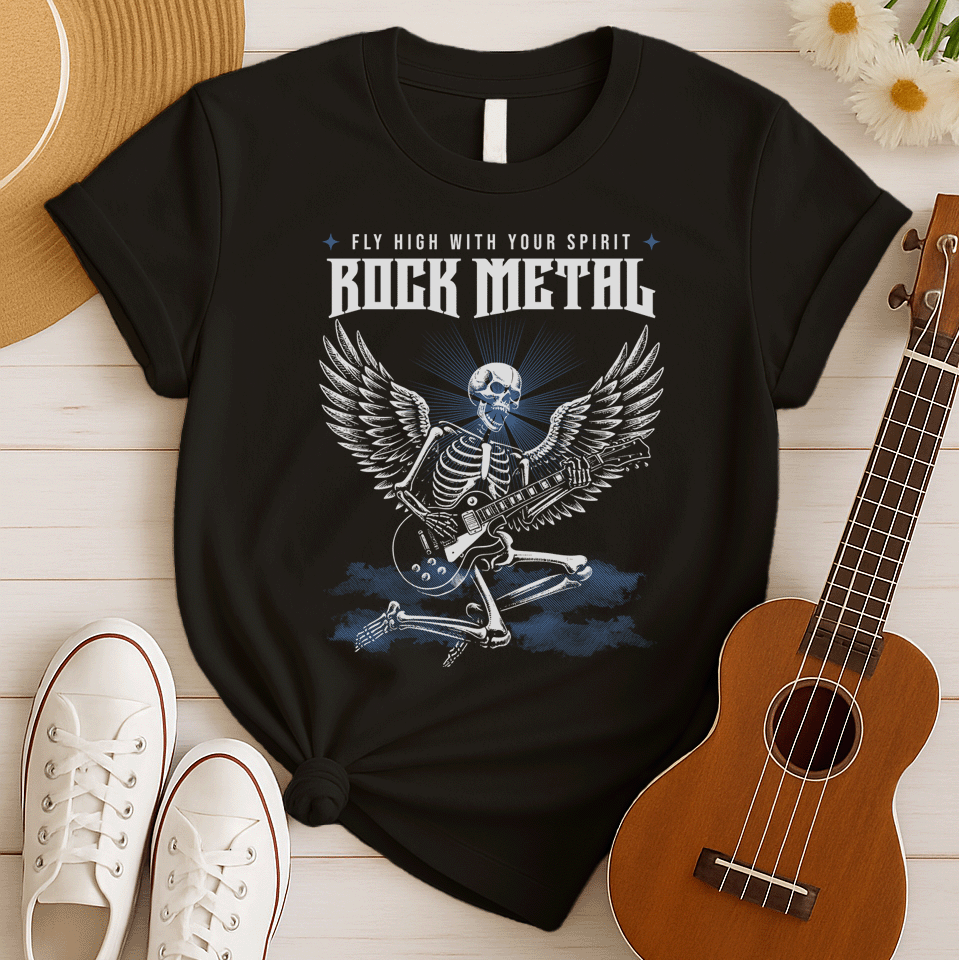 Dynamic graphic of a white skeleton with large feathered wings, passionately playing a rock electric guitar. The skull glows with blue light from behind. Text above reads "FLY HIGH WITH YOUR SPIRIT" and large bold text below the skull reads "ROCK METAL". The design is set against a dark background with blue smoky effects, ideal for heavy metal fans, rock music lovers, and guitarists.