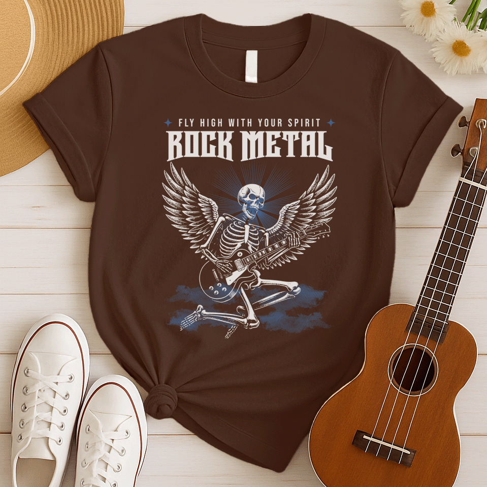 Dynamic graphic of a white skeleton with large feathered wings, passionately playing a rock electric guitar. The skull glows with blue light from behind. Text above reads "FLY HIGH WITH YOUR SPIRIT" and large bold text below the skull reads "ROCK METAL". The design is set against a dark background with blue smoky effects, ideal for heavy metal fans, rock music lovers, and guitarists.