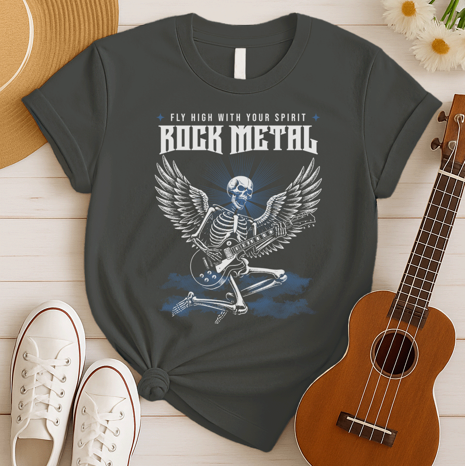 Dynamic graphic of a white skeleton with large feathered wings, passionately playing a rock electric guitar. The skull glows with blue light from behind. Text above reads "FLY HIGH WITH YOUR SPIRIT" and large bold text below the skull reads "ROCK METAL". The design is set against a dark background with blue smoky effects, ideal for heavy metal fans, rock music lovers, and guitarists.