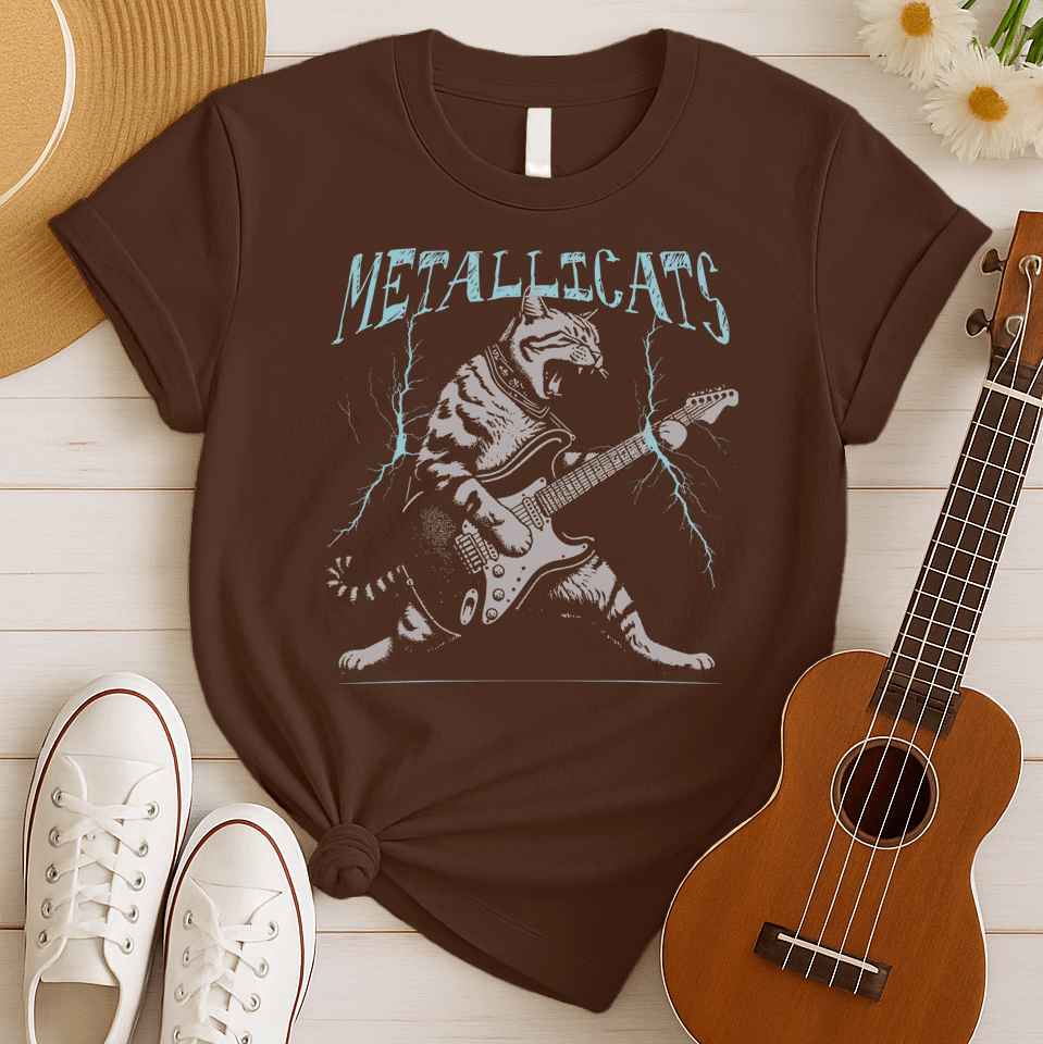 Dynamic graphic of a gray striped tabby cat with its mouth open, appearing to roar, passionately playing a black and white electric guitar. Blue lightning bolts emanate from the guitar. Text above reads "METALLICATS". The cat wears a studded collar. Ideal for heavy metal fans, rock music lovers, guitarists, and cat lovers.