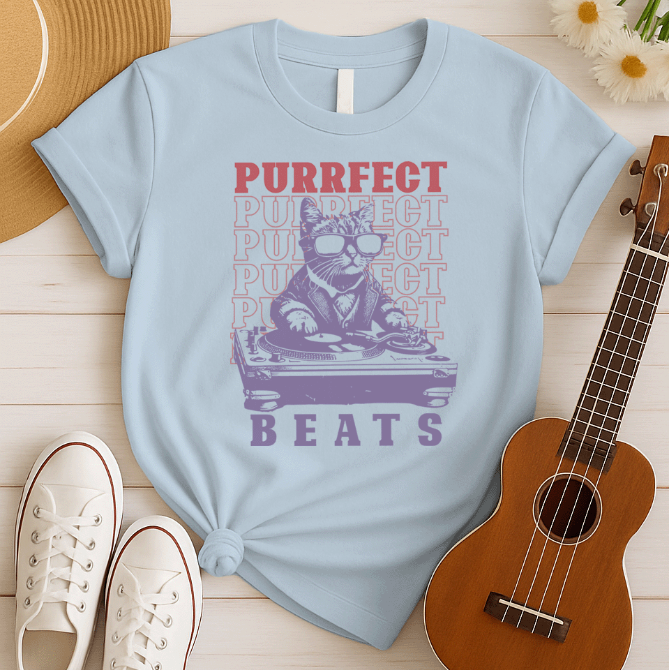 Stylized graphic of a cool purple cat wearing sunglasses and a suit jacket, confidently scratching on a large DJ turntable. Red text repeats "PURRFECT" in the background, and large purple text below reads "BEATS". The design embodies DJ culture, electronic music, and a humorous feline twist, ideal for DJs, cat lovers, and music enthusiasts.