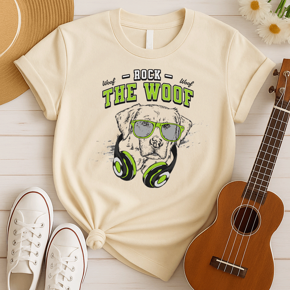 Graphic of a black dog's head wearing bright green-rimmed sunglasses and large headphones with green accents. White distressed text above reads "ROCK" and below the dog's head, large green text with a black outline reads "THE WOOF". Smaller "Woof" texts are on either side of "ROCK". The design suggests rock music, dog lovers, and a cool animal DJ aesthetic. Ideal for pet owners and music enthusiasts.