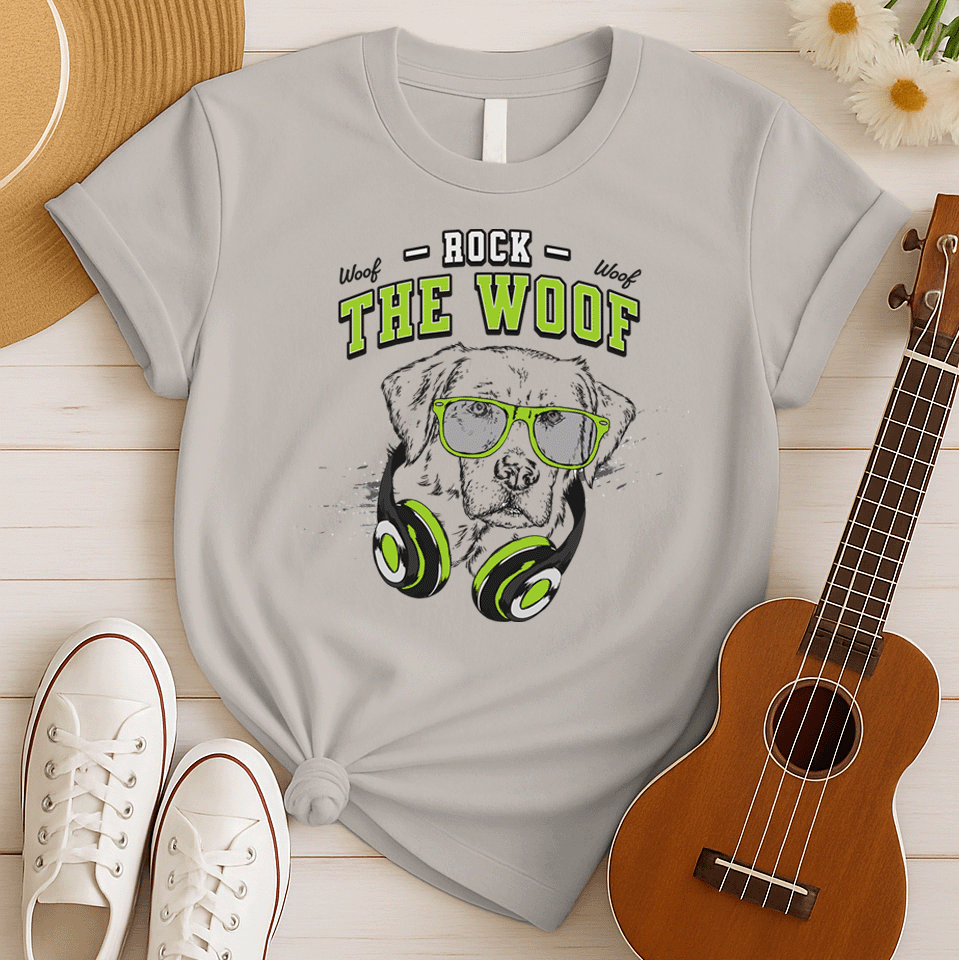 Graphic of a black dog's head wearing bright green-rimmed sunglasses and large headphones with green accents. White distressed text above reads "ROCK" and below the dog's head, large green text with a black outline reads "THE WOOF". Smaller "Woof" texts are on either side of "ROCK". The design suggests rock music, dog lovers, and a cool animal DJ aesthetic. Ideal for pet owners and music enthusiasts.