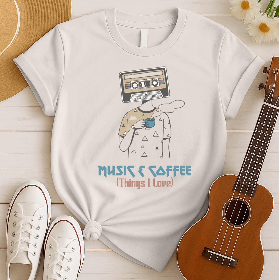 Stylized graphic of a person's body with a vintage brown and black audio cassette tape as its head, holding a blue steaming coffee cup. Small triangle patterns are on the person's beige shirt. Blue distressed text below reads "MUSIC & COFFEE" and red text below that says "(Things I Love)". The design embodies music appreciation, coffee love, and retro nostalgia, ideal for music lovers and coffee enthusiasts.