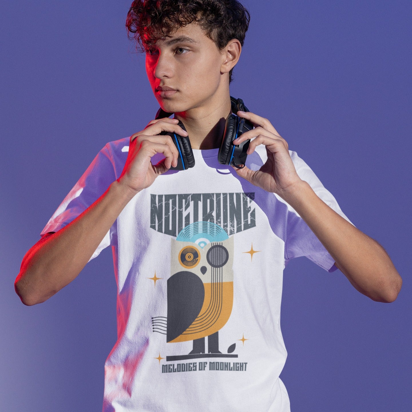 Stylized owl design made from vinyl records and musical instruments, with a blue record forming the head and orange feathers. Features sparkles and the words "NOCTURNE" and "MELODIES OF MOONLIGHT." This music-themed art is ideal for music lovers, retro music fans, and night owl enthusiasts.