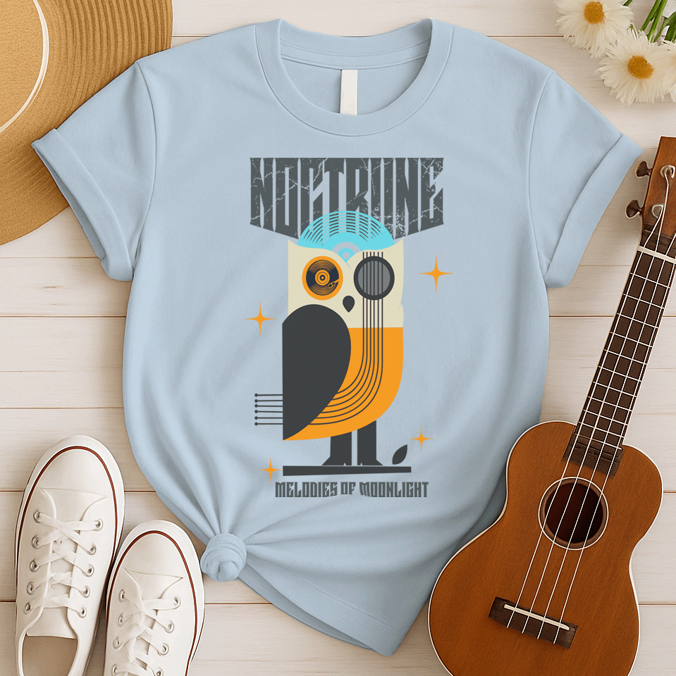Stylized owl design made from vinyl records and musical instruments, with a blue record forming the head and orange feathers. Features sparkles and the words "NOCTURNE" and "MELODIES OF MOONLIGHT." This music-themed art is ideal for music lovers, retro music fans, and night owl enthusiasts.