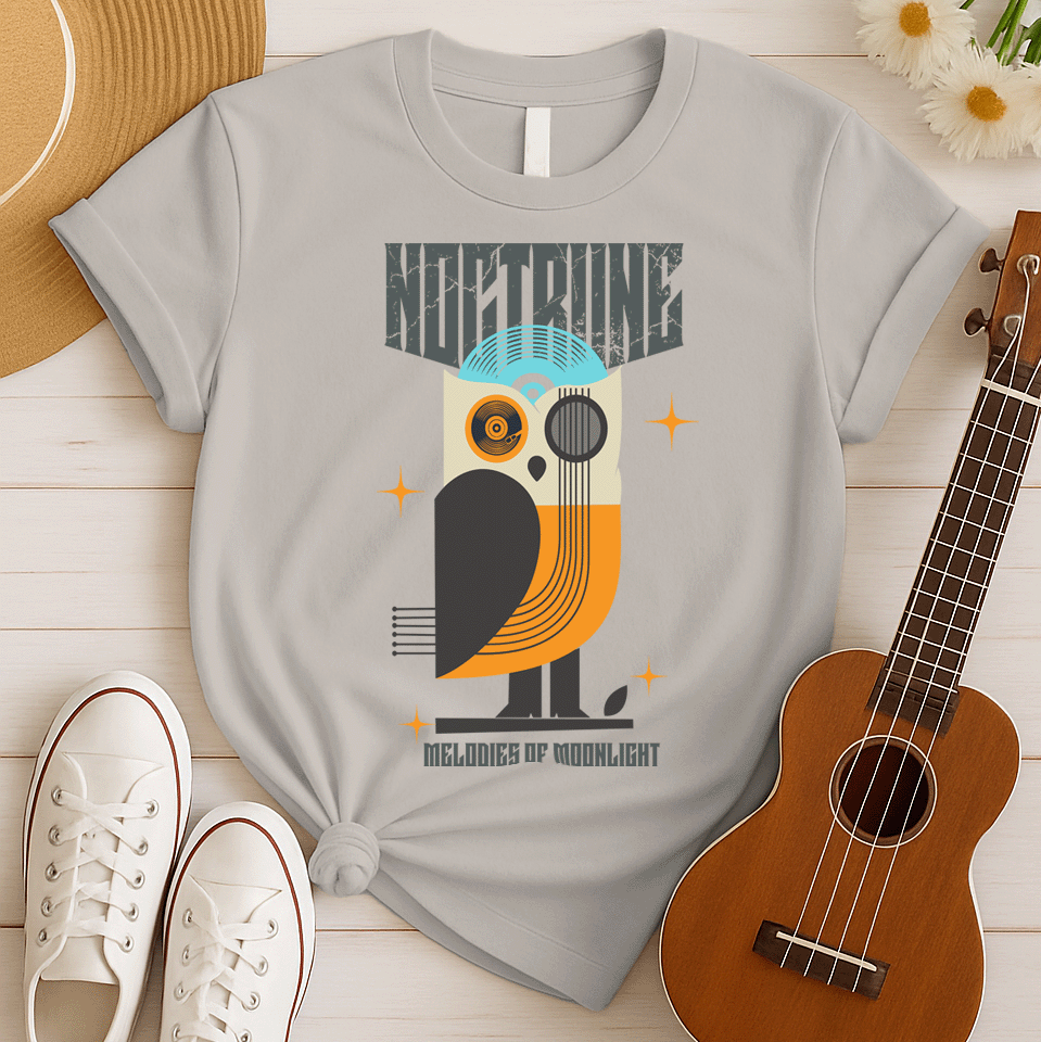 Stylized owl design made from vinyl records and musical instruments, with a blue record forming the head and orange feathers. Features sparkles and the words "NOCTURNE" and "MELODIES OF MOONLIGHT." This music-themed art is ideal for music lovers, retro music fans, and night owl enthusiasts.