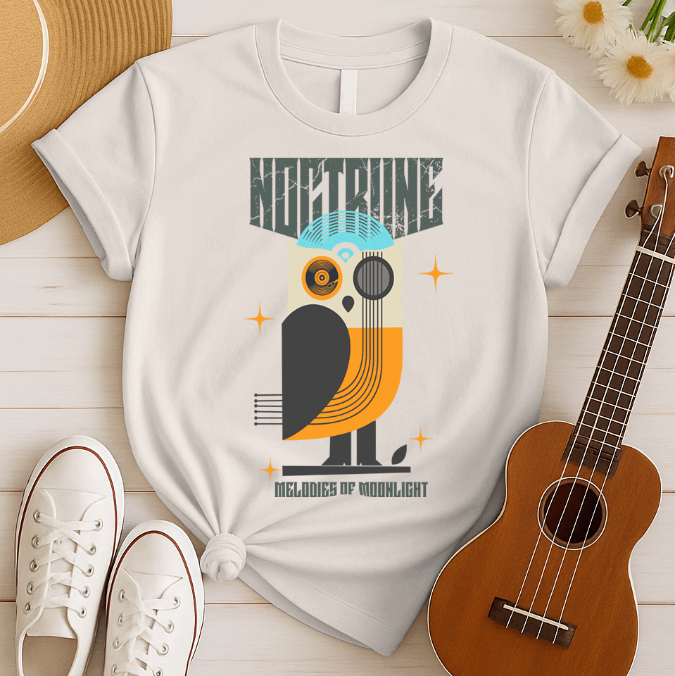 Stylized owl design made from vinyl records and musical instruments, with a blue record forming the head and orange feathers. Features sparkles and the words "NOCTURNE" and "MELODIES OF MOONLIGHT." This music-themed art is ideal for music lovers, retro music fans, and night owl enthusiasts.