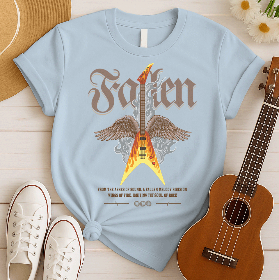 Dramatic graphic featuring a vibrant yellow and orange electric guitar engulfed in flames with large brown feathered wings, rising from grey smoke. The design powerfully symbolizes the resurrection and enduring spirit of rock and metal music, driven by a fiery guitar, ideal for guitar lovers and hard rock fans.