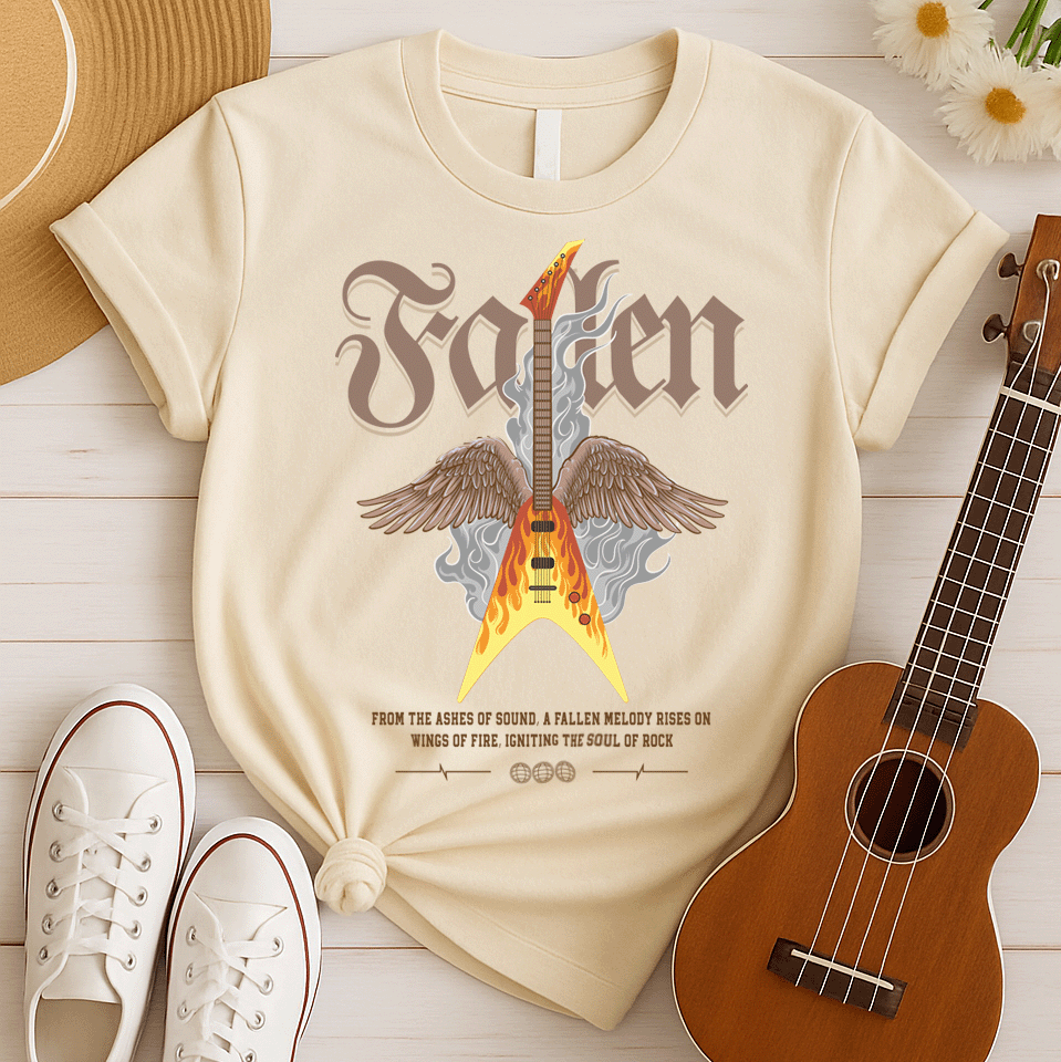 Dramatic graphic featuring a vibrant yellow and orange electric guitar engulfed in flames with large brown feathered wings, rising from grey smoke. The design powerfully symbolizes the resurrection and enduring spirit of rock and metal music, driven by a fiery guitar, ideal for guitar lovers and hard rock fans.