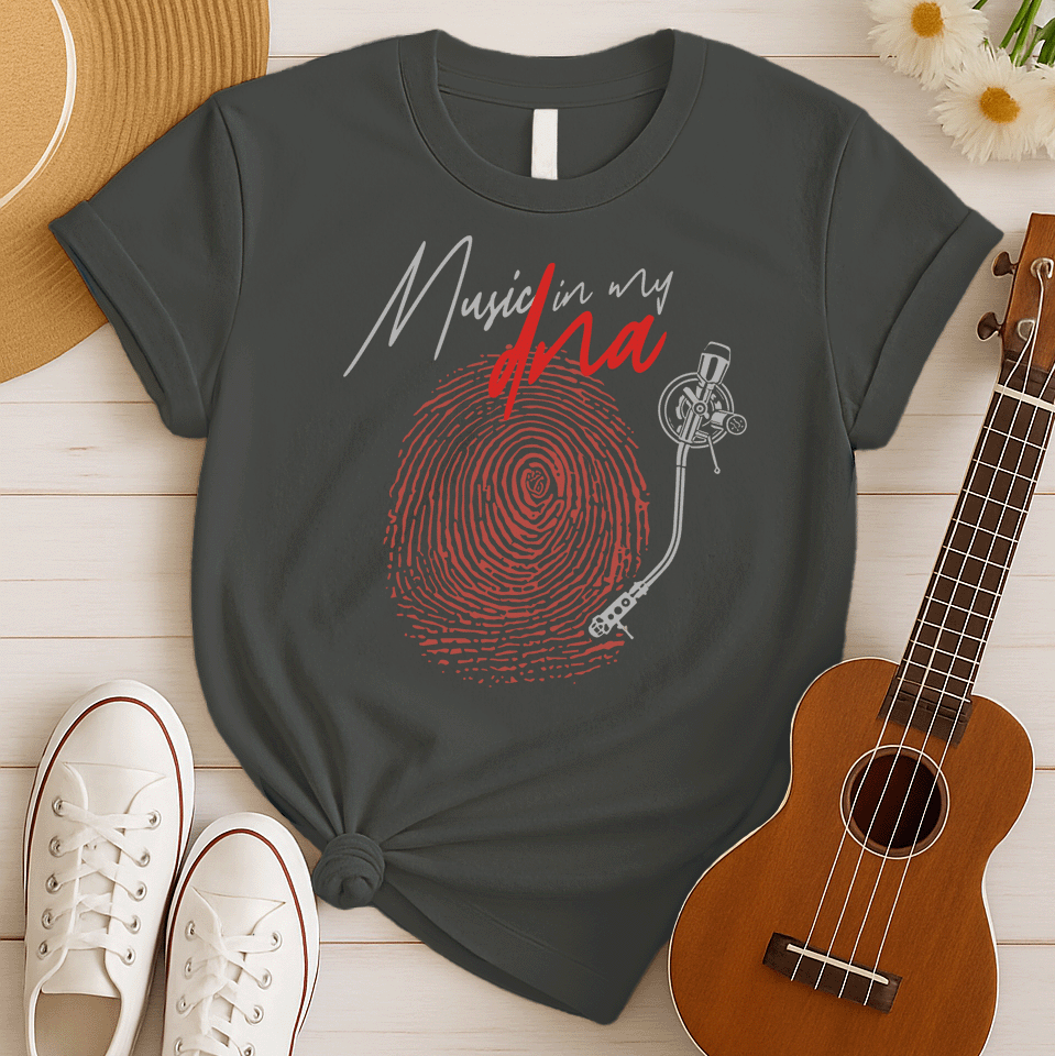 Stylized graphic of a large red fingerprint that is designed like the grooves of a vinyl record, with a white turntable tonearm and needle positioned on it. Above, white handwritten text says "Music in my" and red stylized text says "dna". The design perfectly symbolizes an inherent passion for music, vinyl records, and unique identity, ideal for music lovers and DJs.