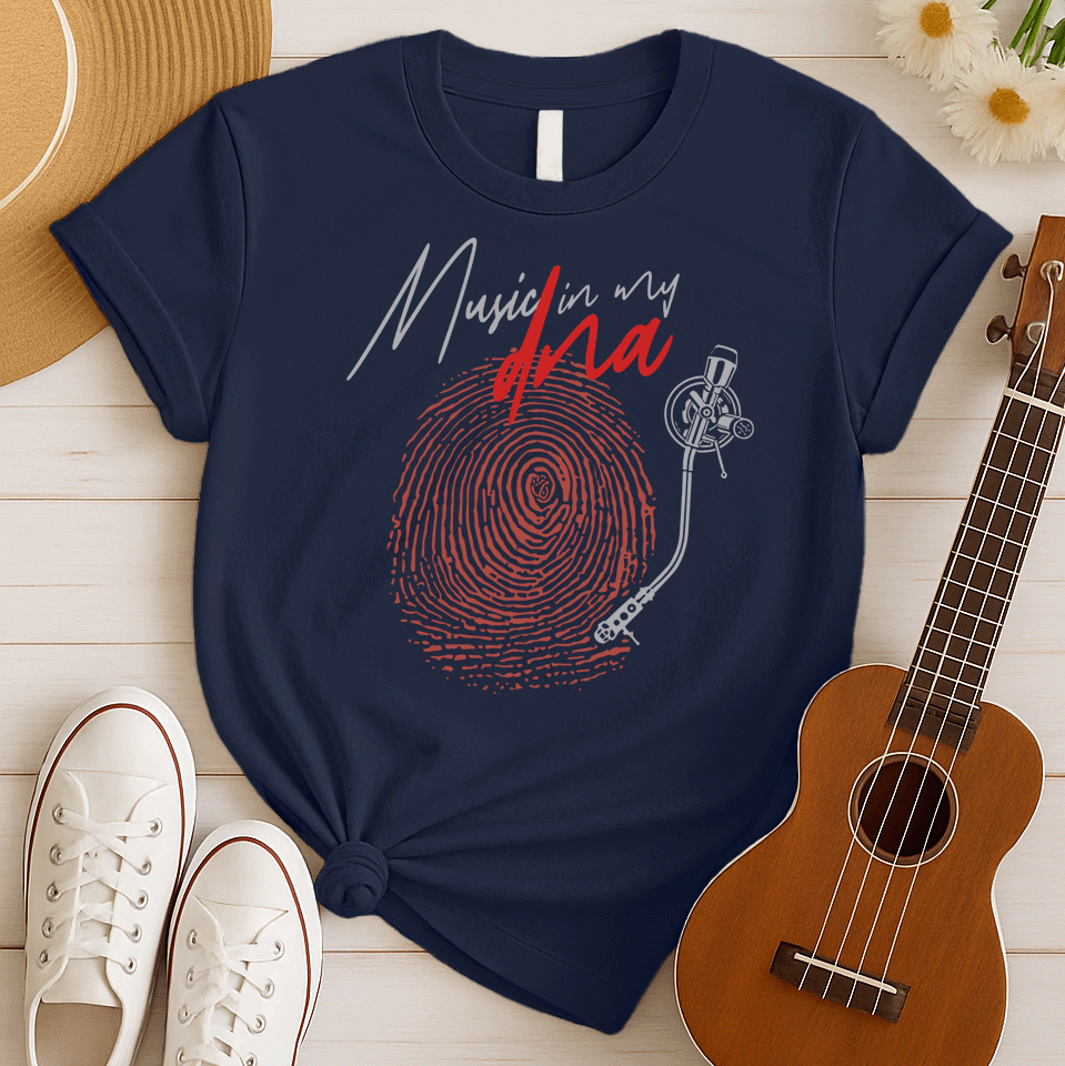 Stylized graphic of a large red fingerprint that is designed like the grooves of a vinyl record, with a white turntable tonearm and needle positioned on it. Above, white handwritten text says "Music in my" and red stylized text says "dna". The design perfectly symbolizes an inherent passion for music, vinyl records, and unique identity, ideal for music lovers and DJs.