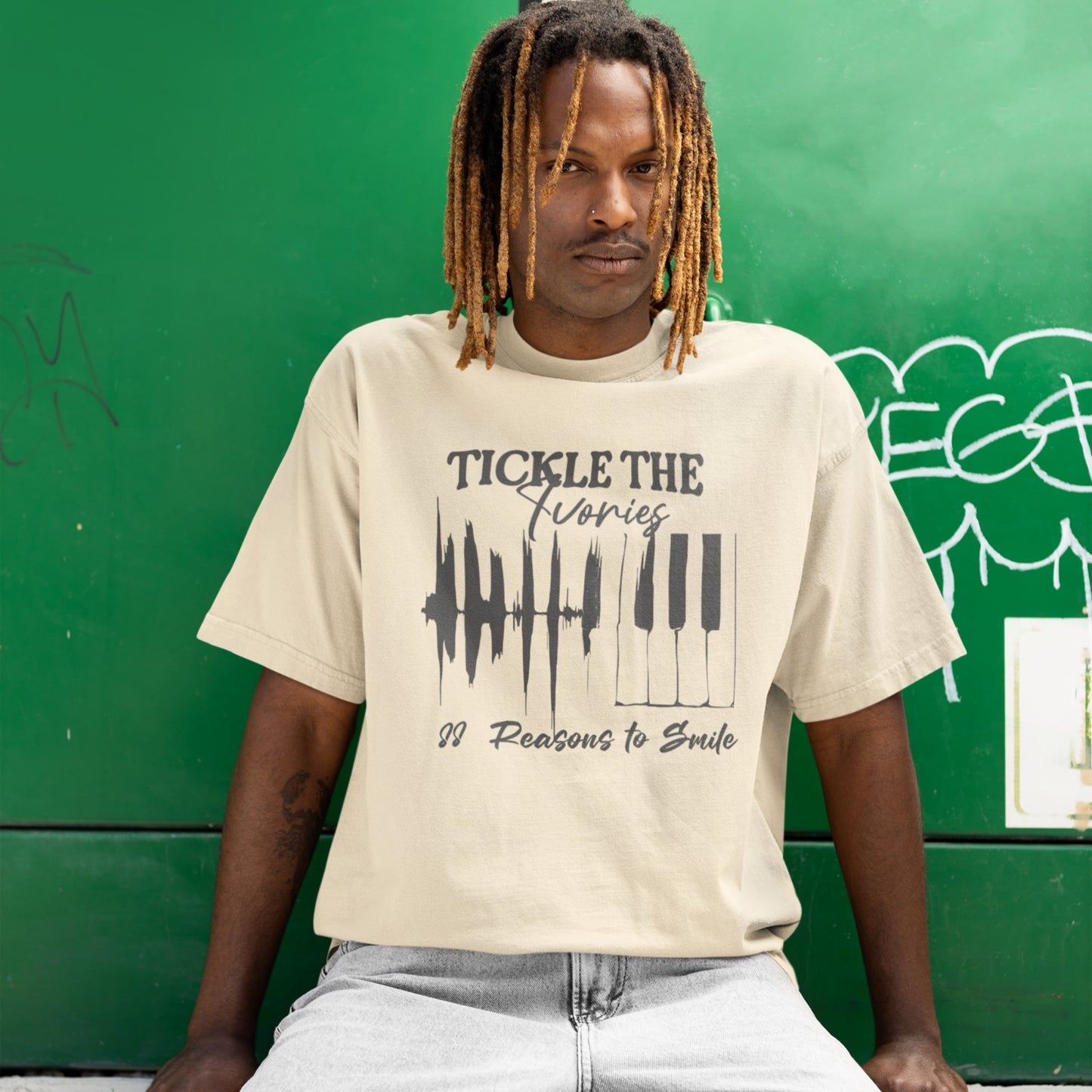 A light background features a graphic with a jagged sound wave transitioning into a set of classic piano keys in dark grey. Below the graphic, dark grey text reads "88 Reasons to Smile". The design prominently features text at the top, "TICKLE THE Ivories". This image symbolizes the joy of music, piano playing, and musical happiness, ideal for pianists and music enthusiasts.