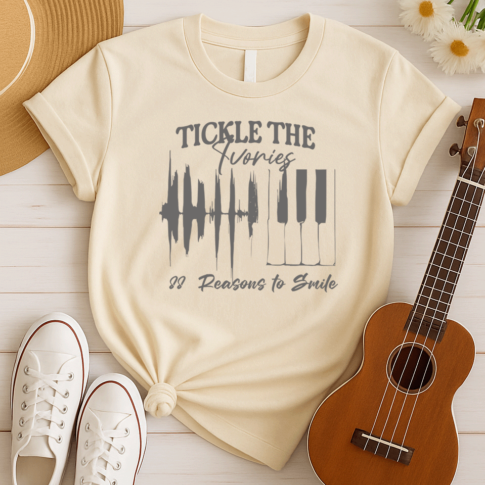 A light background features a graphic with a jagged sound wave transitioning into a set of classic piano keys in dark grey. Below the graphic, dark grey text reads "88 Reasons to Smile". The design prominently features text at the top, "TICKLE THE Ivories". This image symbolizes the joy of music, piano playing, and musical happiness, ideal for pianists and music enthusiasts.
