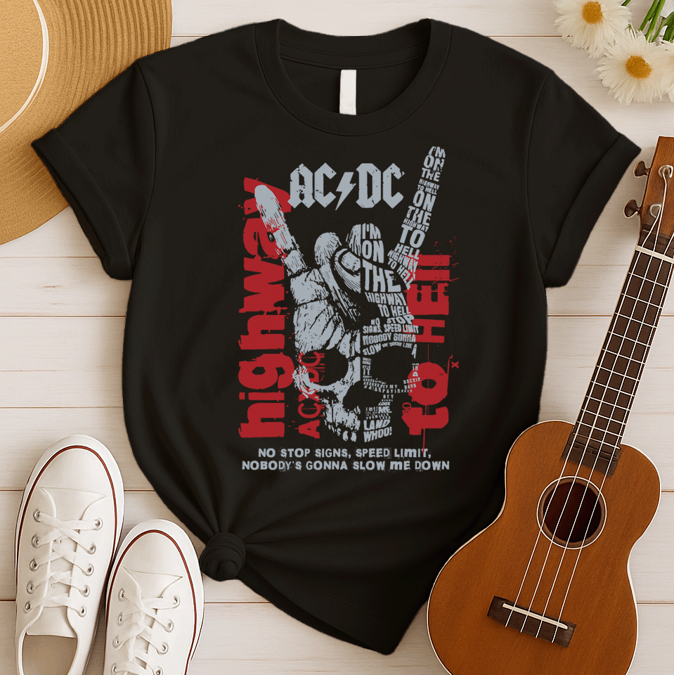 A dark green background with distressed red splatters features a large, faded grey/white illustration of a hand making the "rock on" (devil horns) gesture. The stylized AC/DC logo is at the top. Within and around the hand, various distressed red and grey texts display lyrics from "Highway to Hell," including the repeated phrase "I'M ON THE HIGHWAY TO HELL" and "NO STOP SIGNS, SPEED LIMIT, NOBODY'S GONNA SLOW ME DOWN". The design is a powerful tribute to AC/DC, rock music, and a rebellious attitude.