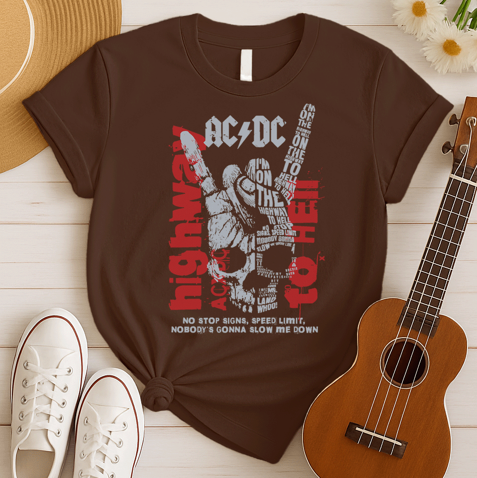 A dark green background with distressed red splatters features a large, faded grey/white illustration of a hand making the "rock on" (devil horns) gesture. The stylized AC/DC logo is at the top. Within and around the hand, various distressed red and grey texts display lyrics from "Highway to Hell," including the repeated phrase "I'M ON THE HIGHWAY TO HELL" and "NO STOP SIGNS, SPEED LIMIT, NOBODY'S GONNA SLOW ME DOWN". The design is a powerful tribute to AC/DC, rock music, and a rebellious attitude.