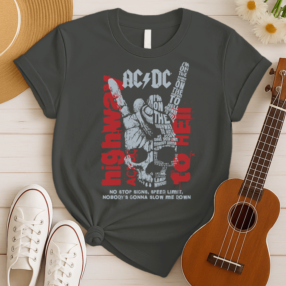 A dark green background with distressed red splatters features a large, faded grey/white illustration of a hand making the "rock on" (devil horns) gesture. The stylized AC/DC logo is at the top. Within and around the hand, various distressed red and grey texts display lyrics from "Highway to Hell," including the repeated phrase "I'M ON THE HIGHWAY TO HELL" and "NO STOP SIGNS, SPEED LIMIT, NOBODY'S GONNA SLOW ME DOWN". The design is a powerful tribute to AC/DC, rock music, and a rebellious attitude.