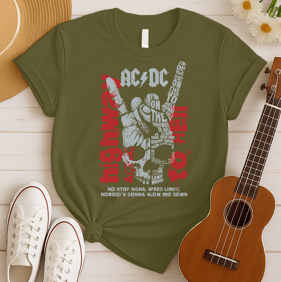 A dark green background with distressed red splatters features a large, faded grey/white illustration of a hand making the "rock on" (devil horns) gesture. The stylized AC/DC logo is at the top. Within and around the hand, various distressed red and grey texts display lyrics from "Highway to Hell," including the repeated phrase "I'M ON THE HIGHWAY TO HELL" and "NO STOP SIGNS, SPEED LIMIT, NOBODY'S GONNA SLOW ME DOWN". The design is a powerful tribute to AC/DC, rock music, and a rebellious attitude.