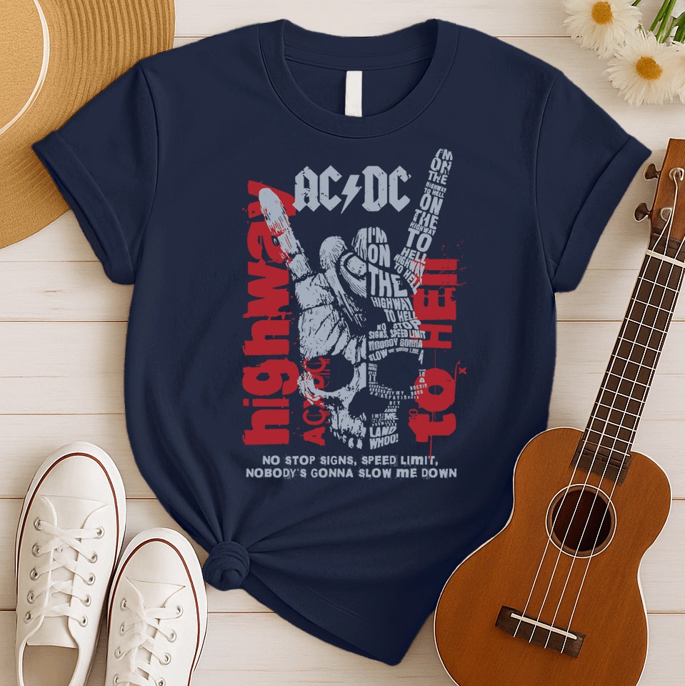 A dark green background with distressed red splatters features a large, faded grey/white illustration of a hand making the "rock on" (devil horns) gesture. The stylized AC/DC logo is at the top. Within and around the hand, various distressed red and grey texts display lyrics from "Highway to Hell," including the repeated phrase "I'M ON THE HIGHWAY TO HELL" and "NO STOP SIGNS, SPEED LIMIT, NOBODY'S GONNA SLOW ME DOWN". The design is a powerful tribute to AC/DC, rock music, and a rebellious attitude.