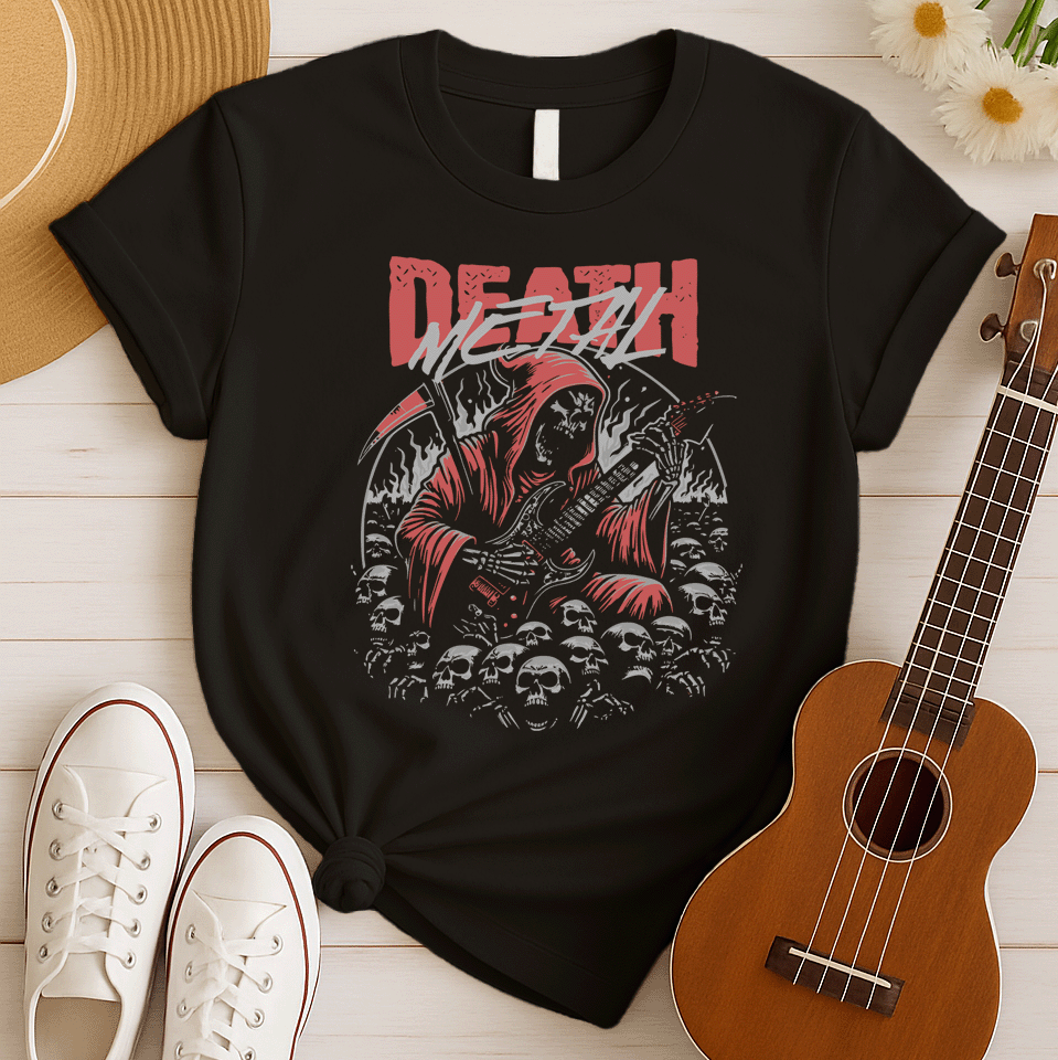 A black background features the distressed red text "DEATH" at the top, with "METAL" in distressed light grey below it. The main image is a detailed illustration of a skeletal Grim Reaper figure in a flowing red hooded robe, holding a large scythe in its left hand and aggressively playing a black electric guitar in its right. The figure is surrounded by many light grey human skulls and ghostly white/grey flames or smoke effects. The design embodies death metal music, dark themes, and guitar performance.
