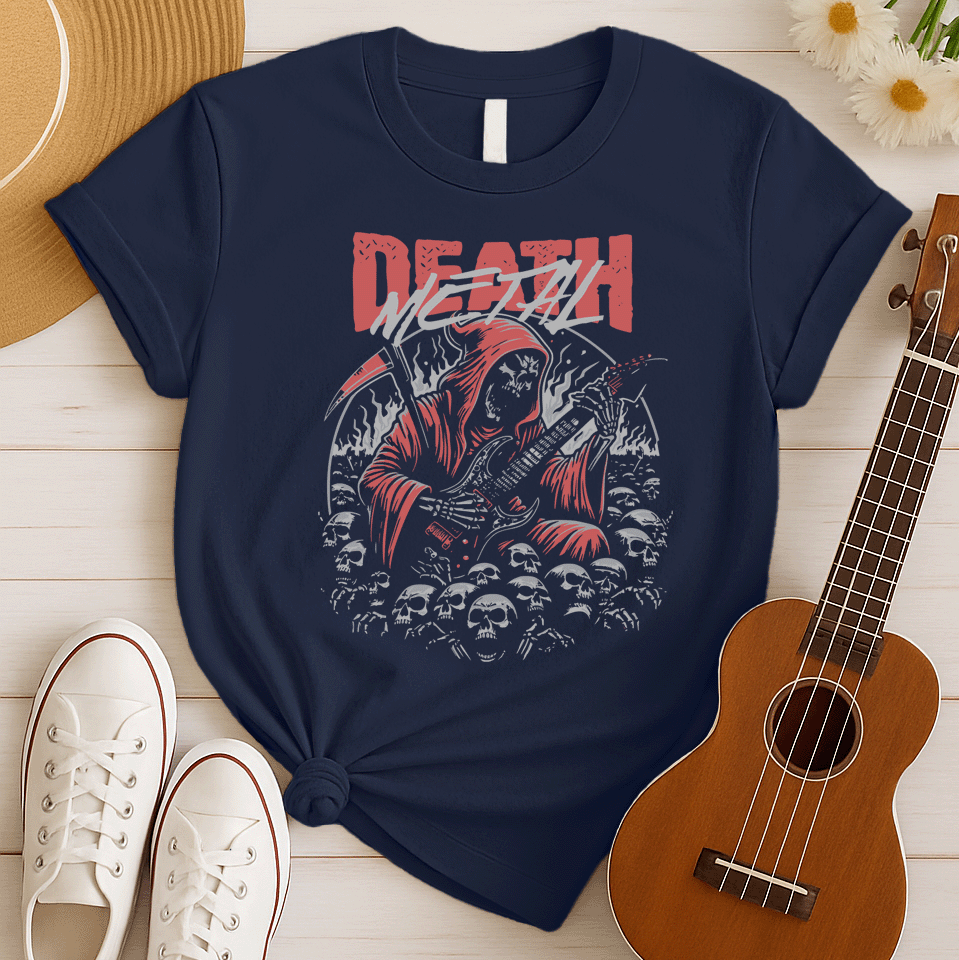 A black background features the distressed red text "DEATH" at the top, with "METAL" in distressed light grey below it. The main image is a detailed illustration of a skeletal Grim Reaper figure in a flowing red hooded robe, holding a large scythe in its left hand and aggressively playing a black electric guitar in its right. The figure is surrounded by many light grey human skulls and ghostly white/grey flames or smoke effects. The design embodies death metal music, dark themes, and guitar performance.