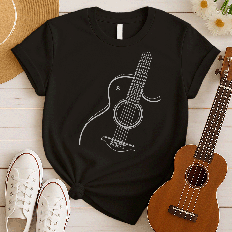 A black background features a clean, white outline illustration of an acoustic guitar. The guitar is angled, showing its body, circular soundhole, strings extending along the fretboard, and tuning pegs. The design is a minimalist representation of a classic stringed instrument.