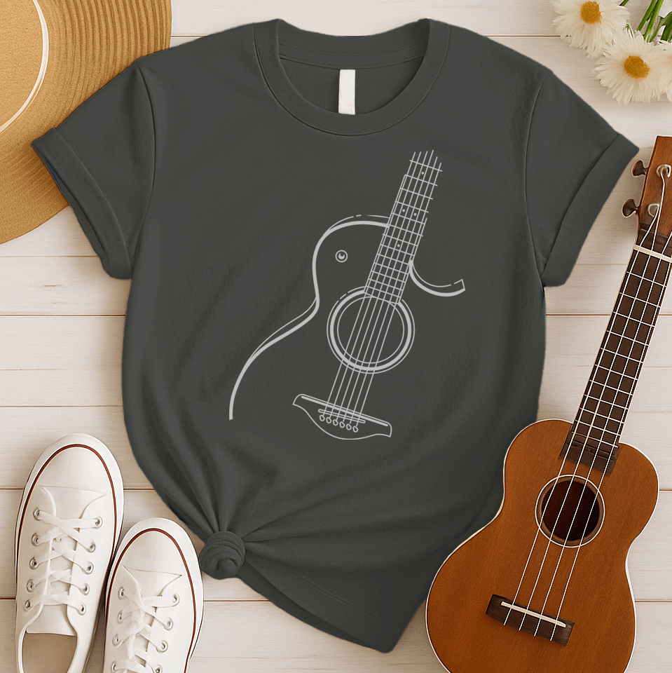 A black background features a clean, white outline illustration of an acoustic guitar. The guitar is angled, showing its body, circular soundhole, strings extending along the fretboard, and tuning pegs. The design is a minimalist representation of a classic stringed instrument.