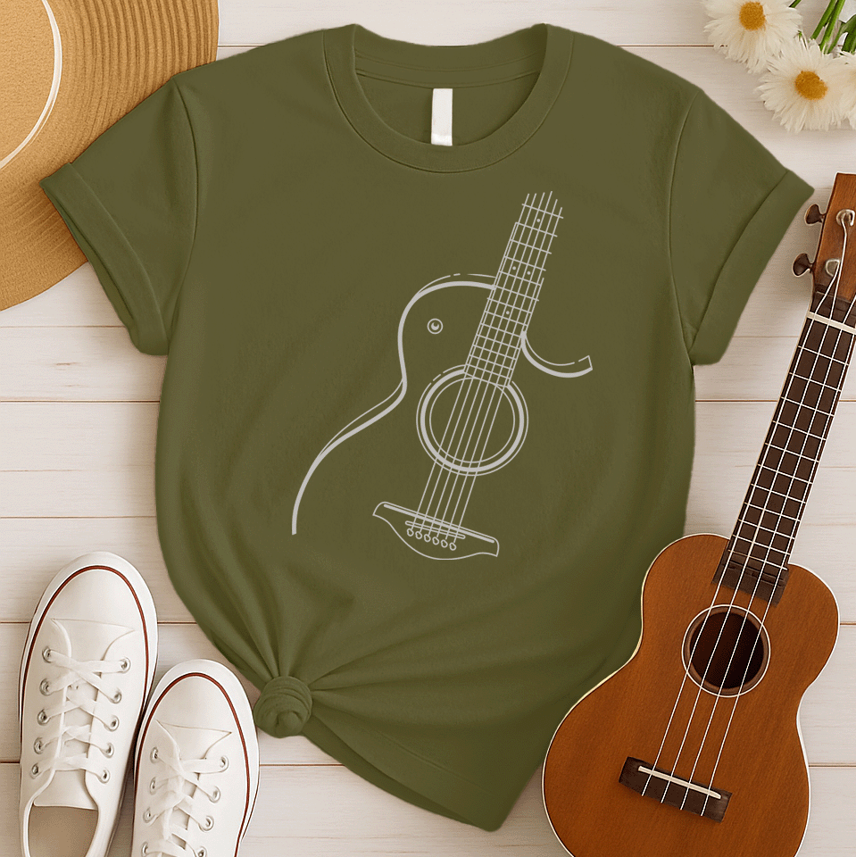 A black background features a clean, white outline illustration of an acoustic guitar. The guitar is angled, showing its body, circular soundhole, strings extending along the fretboard, and tuning pegs. The design is a minimalist representation of a classic stringed instrument.