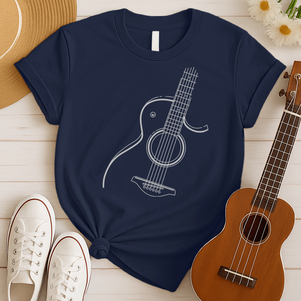 A black background features a clean, white outline illustration of an acoustic guitar. The guitar is angled, showing its body, circular soundhole, strings extending along the fretboard, and tuning pegs. The design is a minimalist representation of a classic stringed instrument.