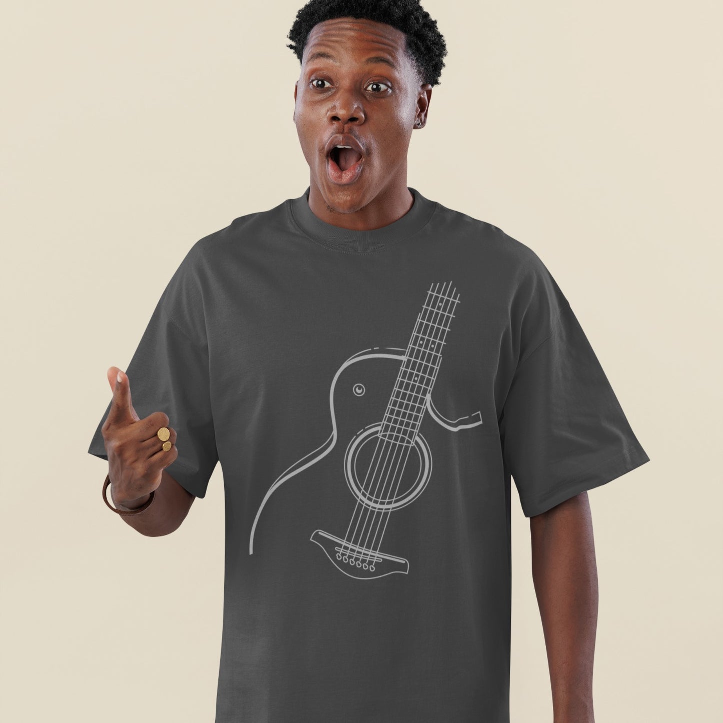 A black background features a clean, white outline illustration of an acoustic guitar. The guitar is angled, showing its body, circular soundhole, strings extending along the fretboard, and tuning pegs. The design is a minimalist representation of a classic stringed instrument.