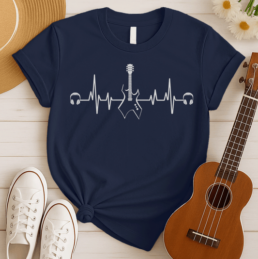 A sleek graphic design depicts a white electrocardiogram (ECG) heartbeat line flowing horizontally, with a black electric guitar, featuring  white fretboard details, integrated seamlessly into its central peak. White over-ear headphones are positioned at each end of the heartbeat line, all set against a solid black background. This illustration stylishly connects the passion for music with the rhythm of life.